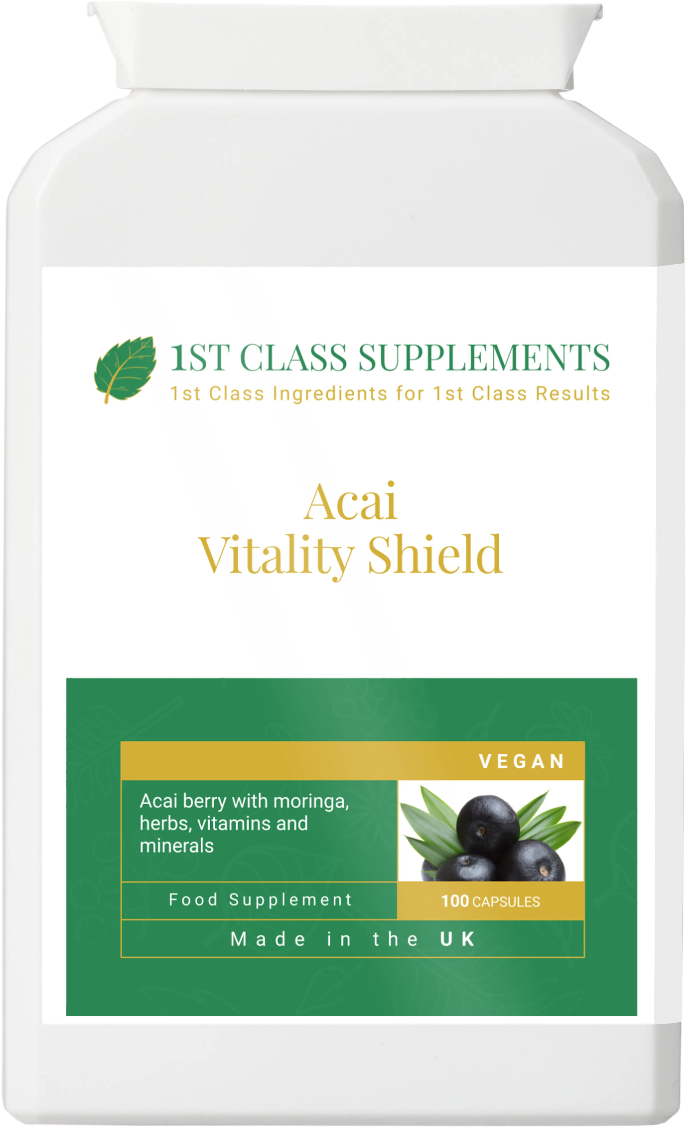 Acai Vitality Shield vitamins and health supplement product by 1st Class Supplements