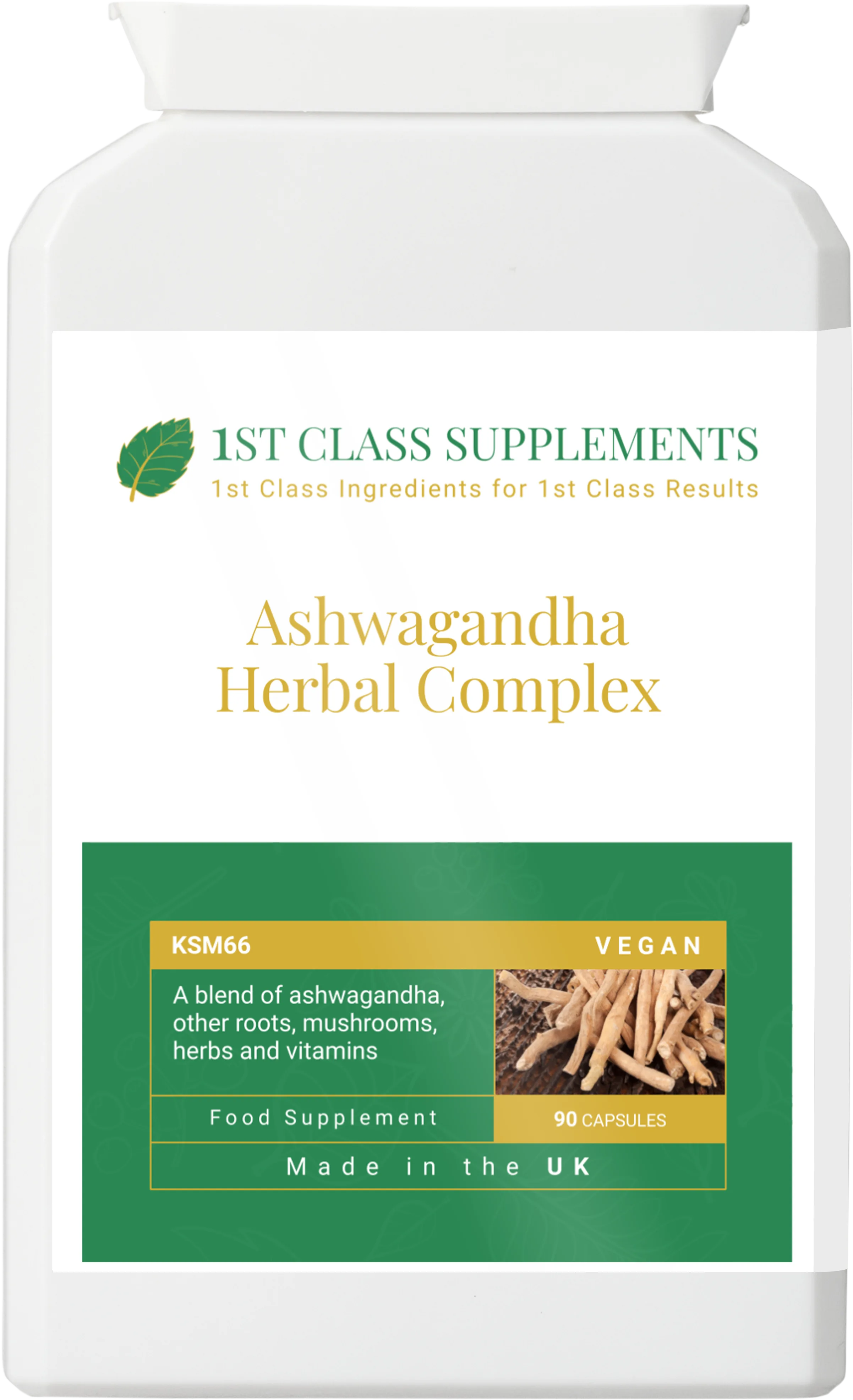 Ashwagandha Herbal Complex vitamins and health supplement product by 1st Class Supplements